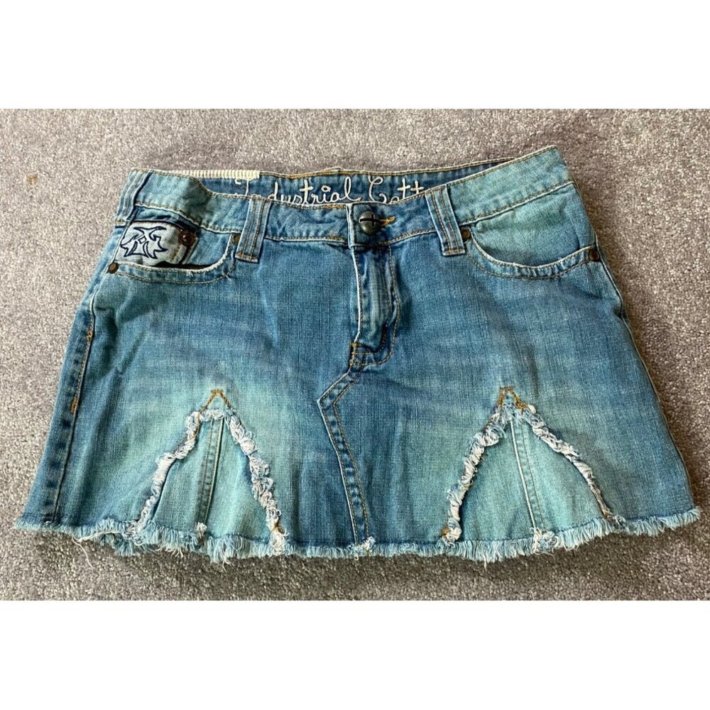 Industrial Cotton Distressed Denim Mini Skirt Embroidered Detail Frayed Hem Sz 5